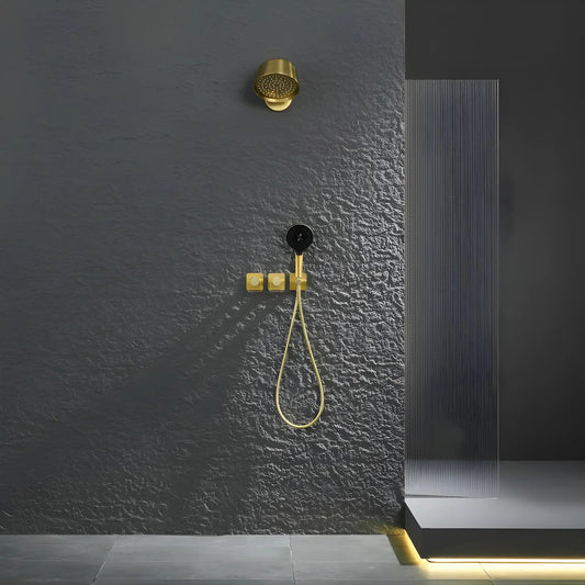 Douche Encastrée Or Brillant Lujo | Pomme Murale + Thermostat + Rain Shower | ROBINETTERIEPRO