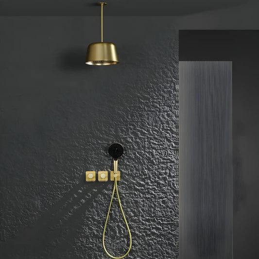 Douche Encastrée Or Brillant Lujo | Pomme Plafond + Thermostat + Rain Shower | ROBINETTERIEPRO