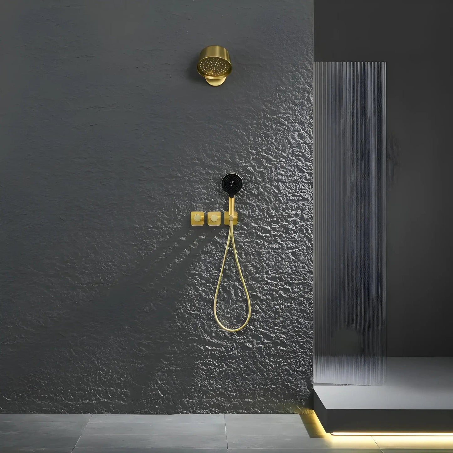 Douche Encastrée Or Brillant Lujo | Pomme Murale + Thermostat + Rain Shower | ROBINETTERIEPRO