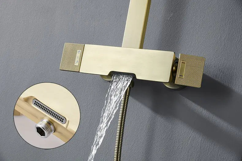 Colonne Douche et Bain Or Brossé Gustavia | Thermostat + Bain + Douchette | ROBINETTERIEPRO