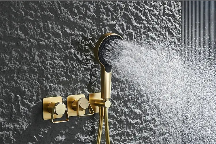 Douche Encastrée Or Brillant Lujo | Pomme Murale + Thermostat + Rain Shower | ROBINETTERIEPRO