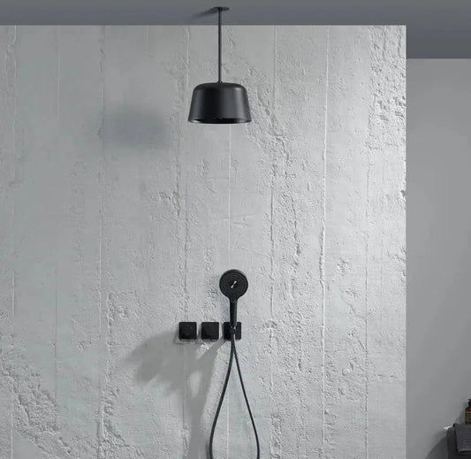 Douche Encastrée Noir Mat Lujo | Pomme Plafond + Thermostat + Rain Shower | ROBINETTERIEPRO